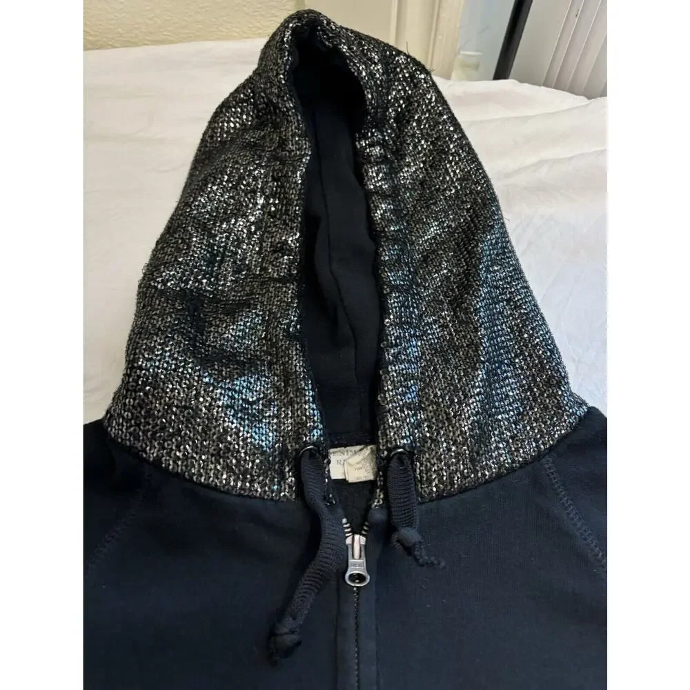 VTG Ralph Lauren Black Sequin Hooded Zip Up Sweater Y2K 00’s Grunge Indie Size S